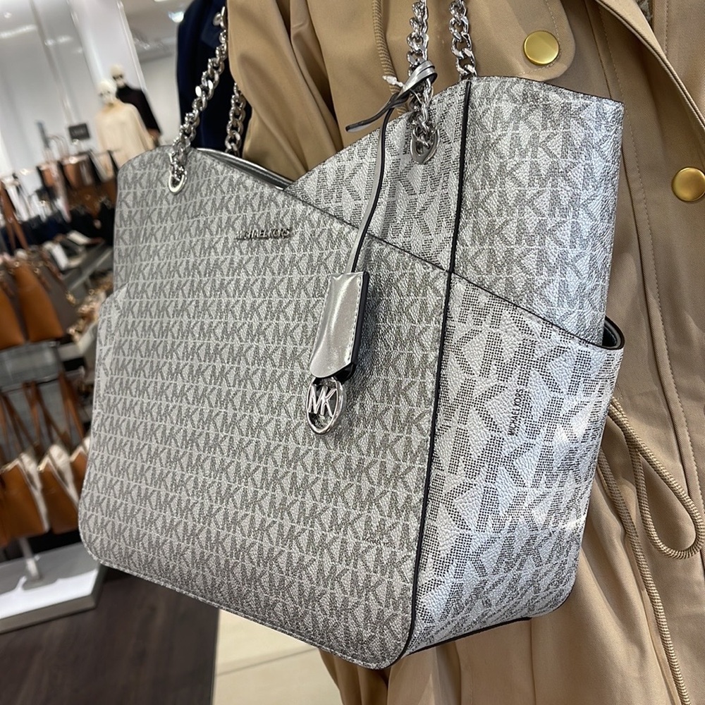 Michael Kors Jet Set Travel Large Chained Tote Shoulder Bag MK Silver - Picture 4 of 16